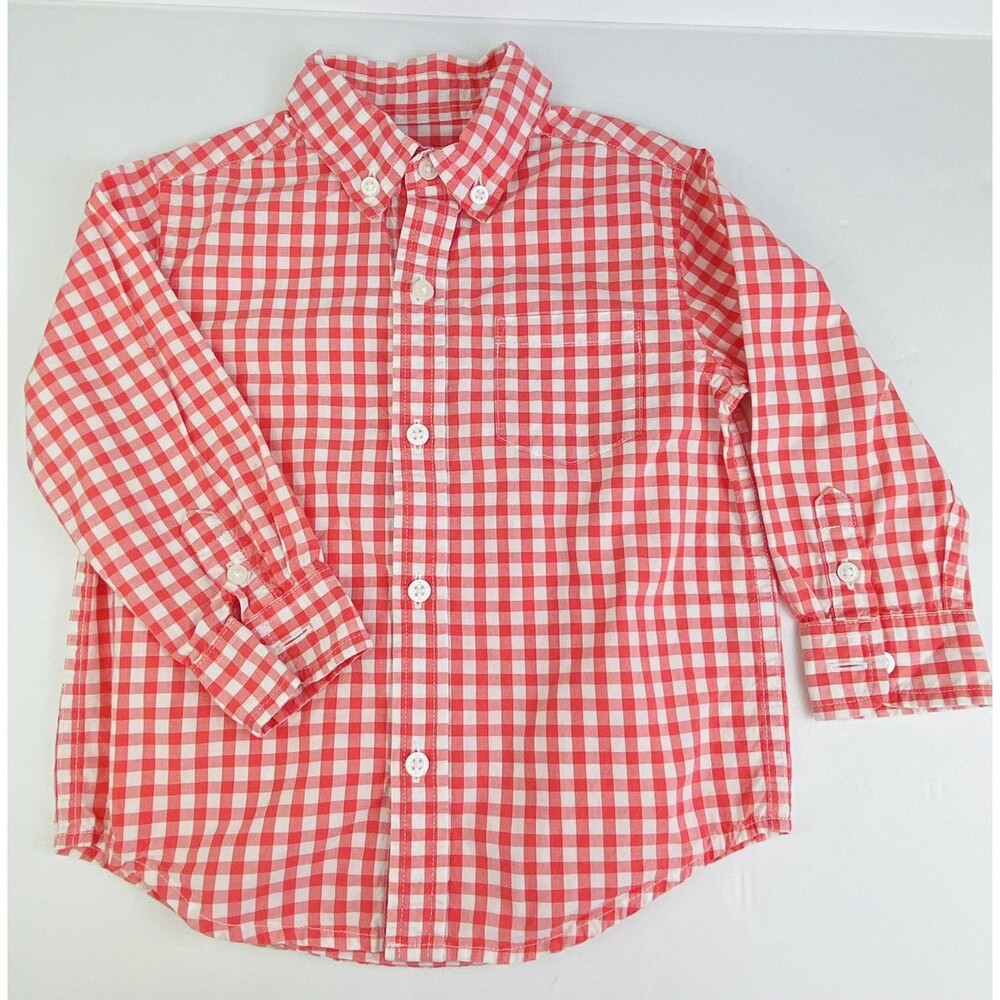 JANIE AND JACK Boys Gingham Button Down Long Sleeve Shirt Salmon/Pink 18-24month